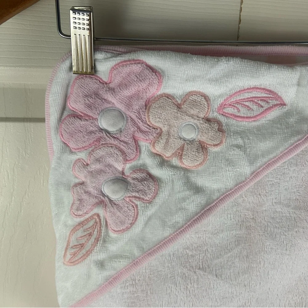 Cloud Island Pink White Floral Hooded Baby Towel Stripes Terry Cloth Flowers
